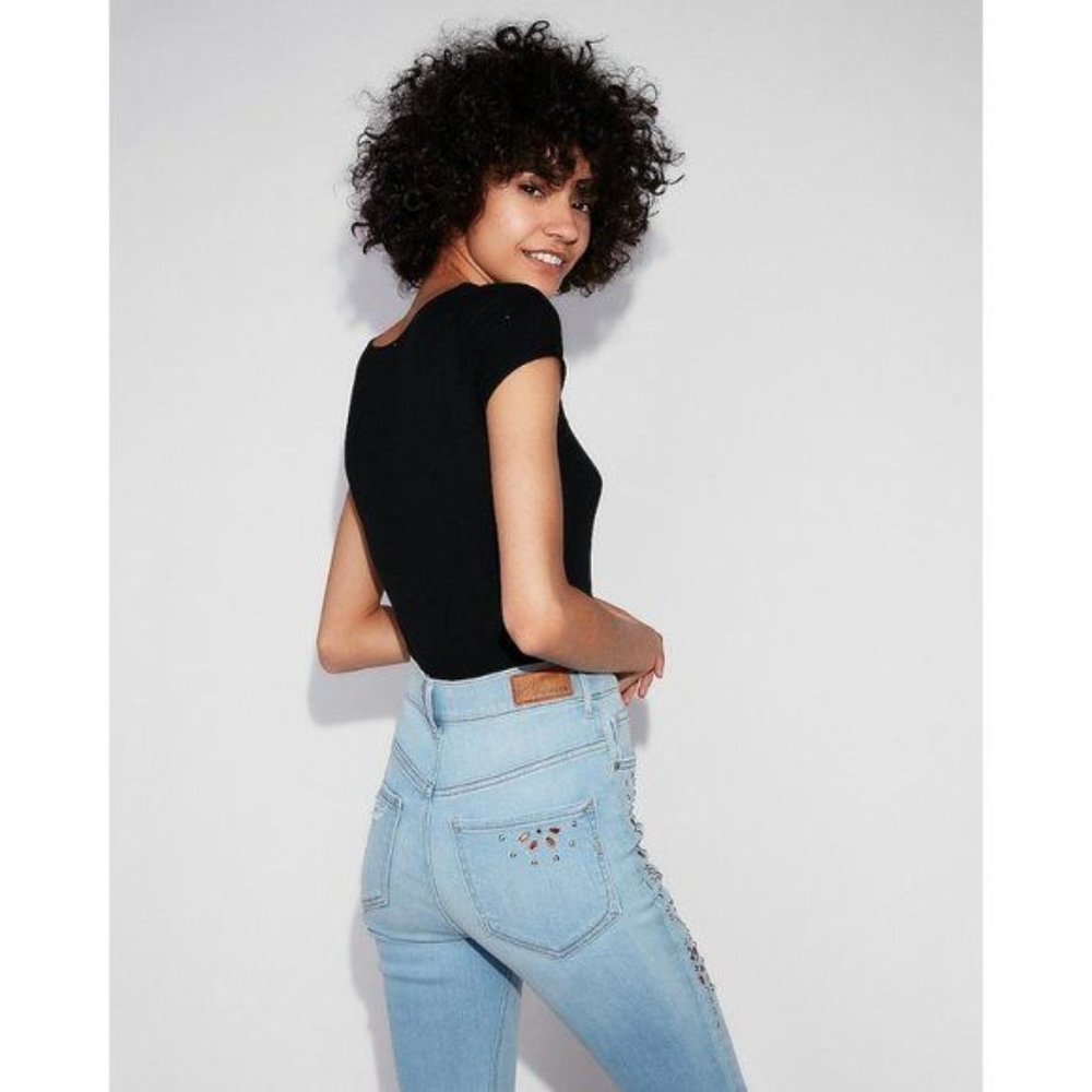 Express High Waisted Embellished Jean Legging 2 - Picture 4 of 5